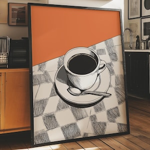 Czarna kawa Vintage Art Print, Retro ilustracja kuchenna, Bar Cart Digital Poster, Prezent dla miłośnika kawy, Modny wystrój domu, Rysunek kuchenny