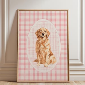 Nursery Dog Poster, Pink Nursery Wall Art, Golden Retriever Vintage, Cute Dog Print, Kids Room Drawing, Playroom Trendy Art, Girl Room Decor