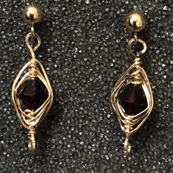 Garnet and 14 KT Gold Filled Herringbone Post Drop Earrings