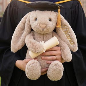 Personalized Graduation Bunny Plush, Custom Graduate Gift Bunny for Her, Cute Brown Bunny Keepsake Grad Gift, Class of 2026 photo prop image 1