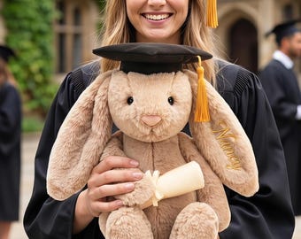 Lindo conejito de peluche personalizado para graduación, conejito marrón graduado de doctorado con nombre, regalo de recuerdo de conejito doctoral, Clase de 2026, regalo para graduado universitario