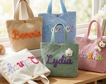 Personalized Kids Corduroy Tote Bag: with Custom Name & Flower, Custom Name Kids Handbag, Personalized Toddler Tote Gift, Baby Shower Gift