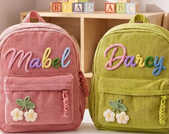 Peuterrugzak voor meisjes, gepersonaliseerde corduroy peutertas met naam, eerste schooldag verjaardag kerstcadeau voor dochter