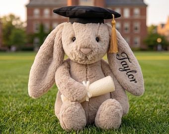 Regalo personalizado de graduación de doctorado, peluche de conejito marrón personalizado con nombre, recuerdo de graduación, lindo conejito para ella, promoción de 2026, regalo para graduados universitarios