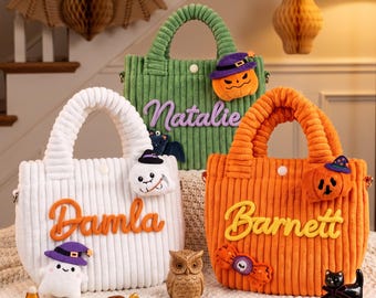 Halloween snoepzak voor kinderen, gepersonaliseerde schoudertas met naam, Halloween tas op maat voor peuters, cadeau voor meisjes