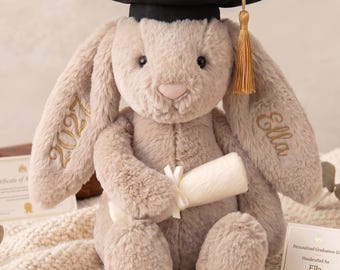 Personalisiertes Geschenk zur Promotion: Braunes Hasen-Plüschtier mit Namen, Erinnerungsstück zum Studienabschluss, süßer Hase für sie, Abschlussjahrgang 2026, Geschenk für Hochschulabsolventen