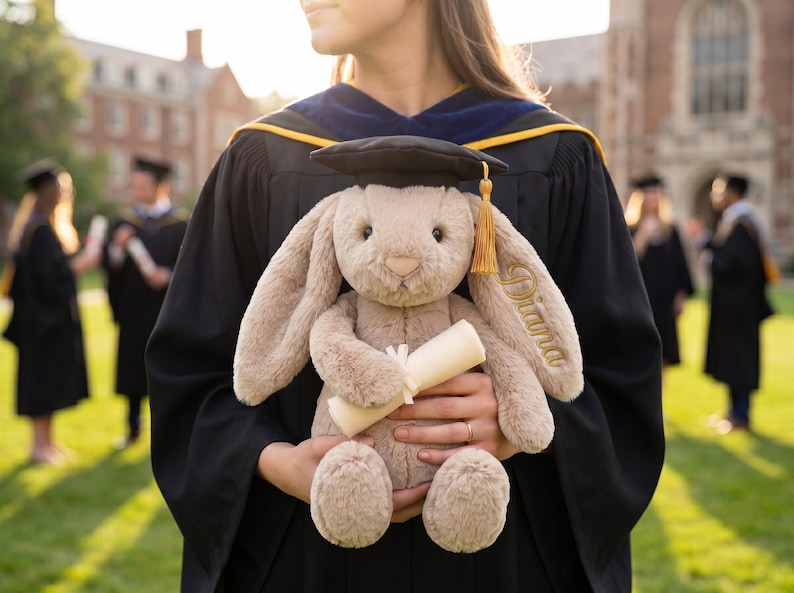 Personalized Graduation Bunny Plush, Custom Graduate Gift Bunny for Her, Cute Brown Bunny Keepsake Grad Gift, Class of 2026 photo prop image 1