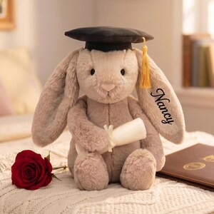 Personalized Graduation Bunny Plush, Custom Graduate Gift Bunny for Her, Cute Brown Bunny Keepsake Grad Gift, Class of 2026 photo prop image 10
