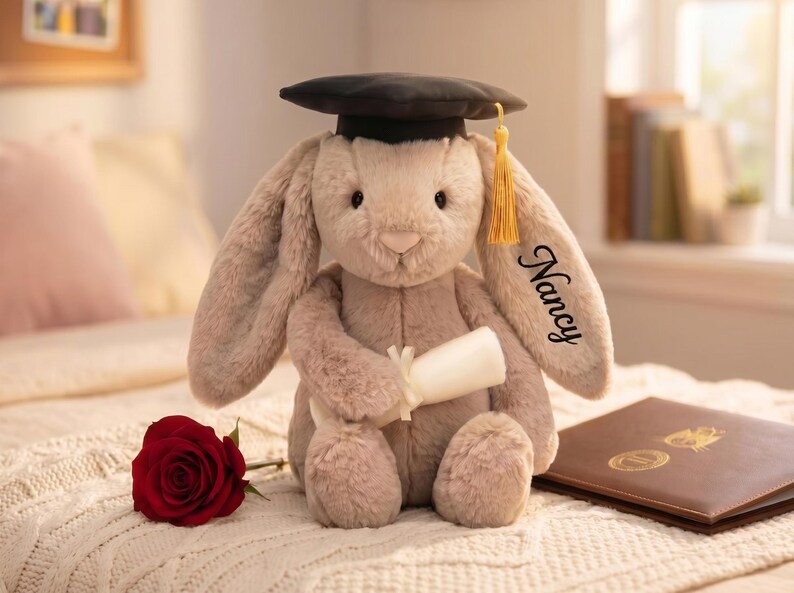 Personalized Graduation Bunny Plush, Custom Graduate Gift Bunny for Her, Cute Brown Bunny Keepsake Grad Gift, Class of 2026 photo prop image 10