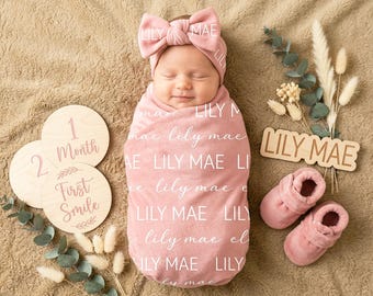 Conjunto de manta para envolver al bebé personalizada, manta con nombre personalizado para niña o niño, manta con nombre para recién nacido, conjunto para la salida del hospital, regalo para la nueva mamá.