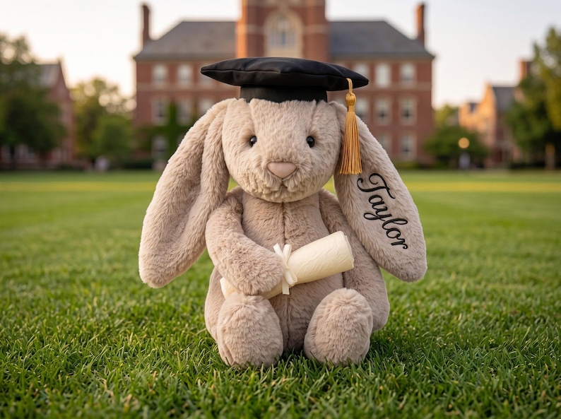 May include: A plush bunny wearing a black graduation cap with a gold tassel and holding a rolled-up diploma tied with a ribbon. The bunny's ear is embroidered with the name "Taylor". The bunny is sitting on green grass.