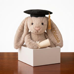 May include: A plush bunny wearing a black graduation cap with a gold tassel, holding a rolled-up scroll. The bunny is inside a white box, with the name "Diana" embroidered on its ear. The bunny is a light brown color.