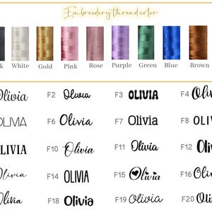 May include: A chart displaying embroidery thread colors and font styles for personalized items. Colors include black, white, gold, pink, rose, purple, green, blue, brown, and hot pink. Twenty different "Olivia" font styles are shown.