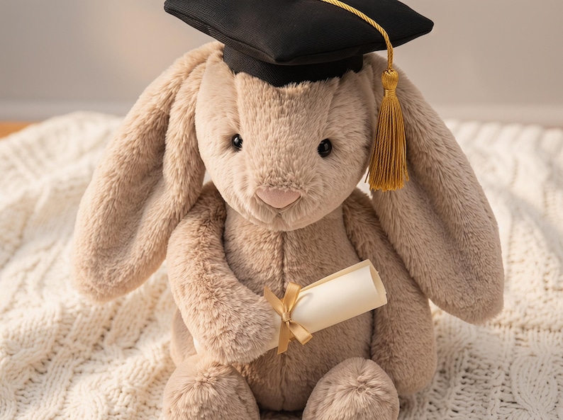 May include: A plush, light brown bunny wearing a black graduation cap with a gold tassel. The bunny holds a rolled-up diploma tied with a gold ribbon. The soft toy is sitting on a white, textured blanket.
