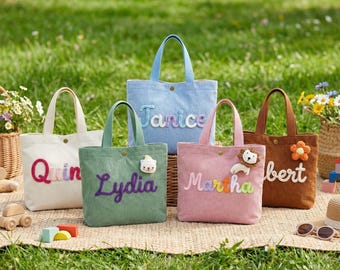 Gepersonaliseerde draagtas cadeau voor kinderen, aangepaste naam kinderhandtas met bloem, gepersonaliseerde peuter cadeauzakje, kraamcadeau, bloemenmeisje cadeauzakje