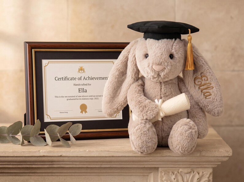 May include: A plush, gray bunny wearing a black graduation cap with a gold tassel, holding a rolled diploma. The bunny has "Ella" embroidered on its ear. A framed certificate of achievement is in the background.