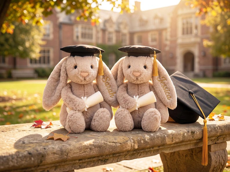 May include: Two plush bunny rabbits wearing graduation caps and holding diplomas. The bunnies are light brown with long ears and are sitting on a stone bench. One bunny has "Sarah" embroidered on its ear, the other has "Jessica". A graduation cap with a gold tassel is next to them.