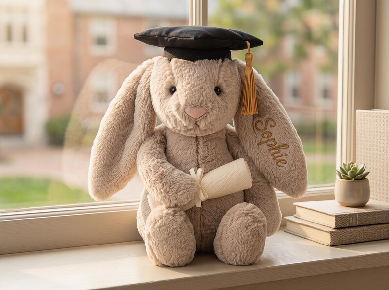 May include: A plush, beige graduation bunny wearing a black mortarboard with a gold tassel. The bunny holds a rolled-up diploma and has the name "Sophie" embroidered on its ear. The bunny is sitting on a windowsill.