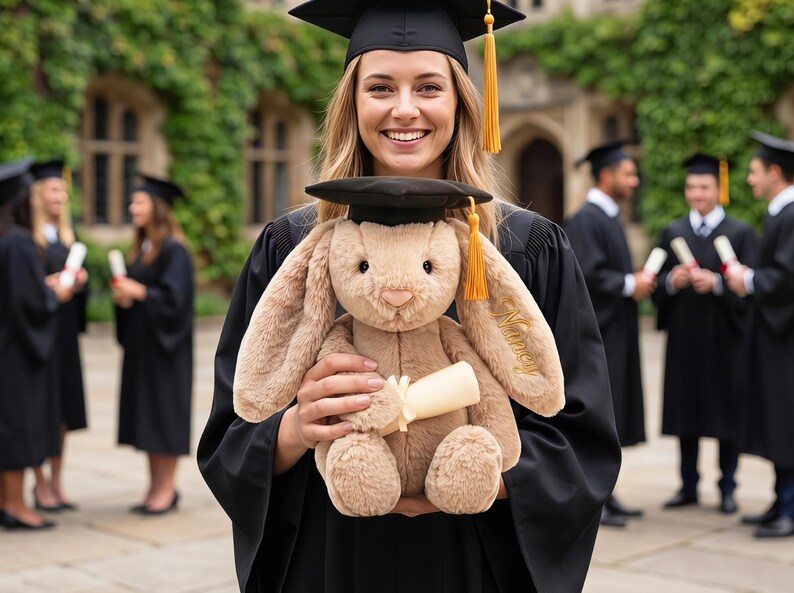 Personalized Graduation Bunny Plush, Custom Graduate Gift Bunny for Her, Cute Brown Bunny Keepsake Grad Gift, Class of 2026 photo prop image 4