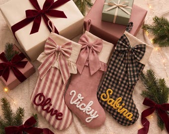 Personalized Christmas Stocking, Custom Name Family Christmas Stocking, Handmade Bow Stocking, Holiday Gift for Kids
