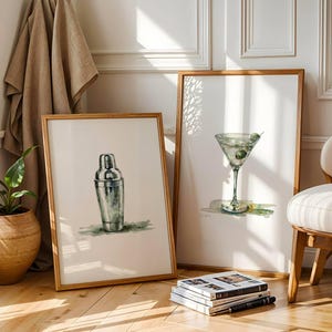 Classic Martini & Cocktail Shaker Art Prints Set of 2 – Minimalist Elegant Watercolour Cocktail Bar Cart Decor Digital Printable Wall Art