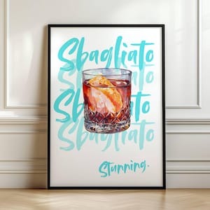 Negroni Sbagliato Cocktail Art Print in Blue – Minimalist Elegant Watercolour Bar Cart Decor Digital Download Printable Wall Art