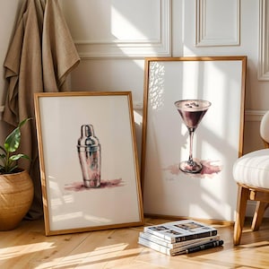 Zestaw 2 wydruków artystycznych Pink Espresso Martini & Cocktail Shaker – minimalistyczny elegancki wystrój wózka barowego w akwareli do wydrukowania na ścianie