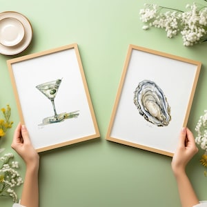 Classic Martini & Oyster Prints Set of 2 – Minimalist Elegant Watercolour Cocktail Bar Cart Decor Digital Printable Wall Art