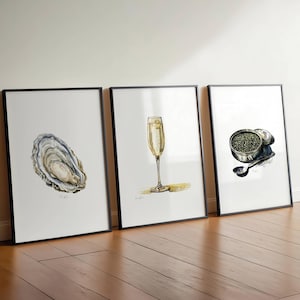 ベルーガキャビア、シャンパンフルート、牡蠣のアートプリント3点セット – ミニマルでエレガントな水彩画のカクテルバーカート装飾デジタルウォールアート