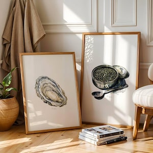 Zestaw 2 wydruków artystycznych z kawiorem i ostrygami z Beluga – minimalistyczna elegancka dekoracja wózka barowego w akwareli do druku cyfrowego