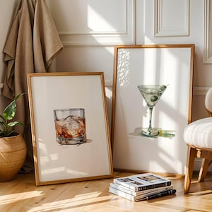 Classic Martini & Whiskey on the Rocks Art Prints Set of 2 – Minimalist Elegant Watercolour Cocktail Bar Cart Decor Printable Wall Art