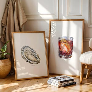 Zestaw 2 wydruków koktajlowych Negroni i ostryg – minimalistyczna elegancka dekoracja wózka barowego w akwareli do pobrania w wersji cyfrowej