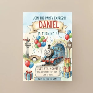 May include: Watercolor birthday party invitation featuring a blue train, balloons, and gifts. The invitation reads "Join the Party Express! Daniel is turning 4!" with event details and RSVP information.