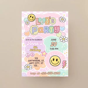 Preppy Smile Face Birthday invite Editable Groovy Retro birthday, Teen Party, Tween Birthday, Any Age Disco Girl Birthday