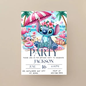 Invito di compleanno per la festa in piscina di Stitch, invito modificabile per le Hawaii, invito di compleanno stampabile per la festa in piscina di Stitch, invito digitale per feste per bambini