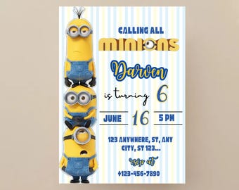 May include: A birthday party invitation featuring three yellow Minion characters stacked on top of each other. The invitation has text that reads "Calling All Minions" and "Darven is turning 6". The date and time are also included.