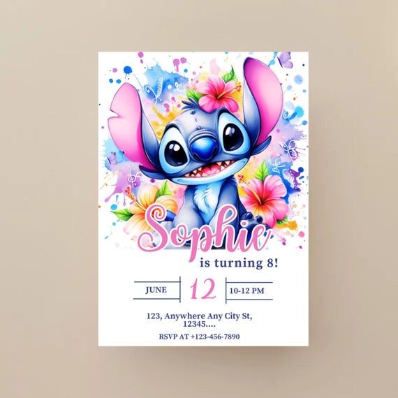 Blue Stitch Birthday Invitation, Stitch Tropical Party Invitation, Printable Kids Invite, Digital Invite, Invite Template, Canva Editable
