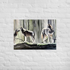 PosterWolf Pack Painting Print – Wildlife Art of Wolves in Forest – Nature Animal Wall Decor – Realistic Wolf Artwork for Cabin or Lodge