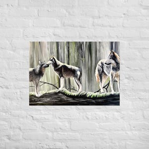 Wolf Pack Painting Print – Wildlife Art of Wolves in Forest – Nature Animal Wall Decor – Realistic Wolf Artwork for Cabin or Lodge 23x31&quot;