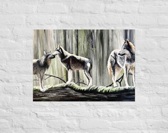 Wolf Pack Painting Print – Wildlife Art of Wolves in Forest – Nature Animal Wall Decor – Realistic Wolf Artwork for Cabin or Lodge 23x31"