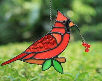 Red Cardinal Stained Glass Suncatcher, Cardinal Window Hanging