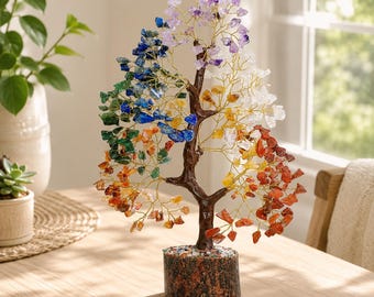 Natuurlijke meerkleurige kristallen boom voor geluk, massief houten basis kristal bonsai decor, boho plank bureau middelpunt, uniek cadeau