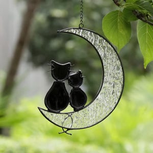 Cat on the Moon Sun Catcher,Stained Glass Cat Window Hanging, Handmade Glass Art, Home Decor, Housewarming Gift, Gift for Cat Lover