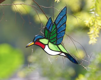 Handgefertigter Glasmalerei-Kolibri-Suncatcher, lebendige Fenster-Dekor-Kunst
