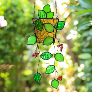 Handmade Potted Plants Stained Glass Suncatcher, Glass Plant Window Hanging, Plant Lover Gift,Glass Art,Housewarming Gift