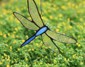Stained Glass Window Hanging,Handmade Dragonfly Stained Glass,Blue Dragonfly Suncatcher,Glass Art, Mathers Day Gift,Home Decor