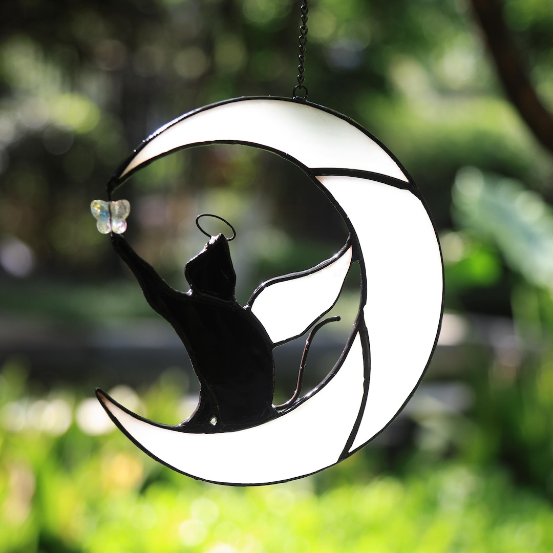 Cat on the Moon Sun Catcher,stained Glass Cat Window Hanging With Wing ...