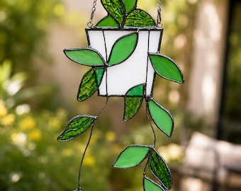 Green Leaf Stained Glass Suncatcher, Hanging Plant Garden Decor, Glass Art, Mother's Day Gift
