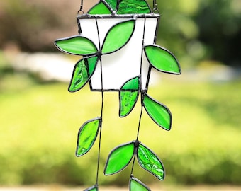 Handmade Stained Glass Plant Suncatcher, Green Leaf Window Hanging Decor, Housewarming Gift