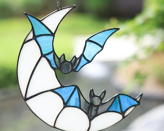 Adornos de vidrieras con diseño de murciélago lunar, atrapasoles de vidrieras, arte mural atrapasoles, arte en vidrio, regalo de inauguración de casa, regalo del Día de la Madre